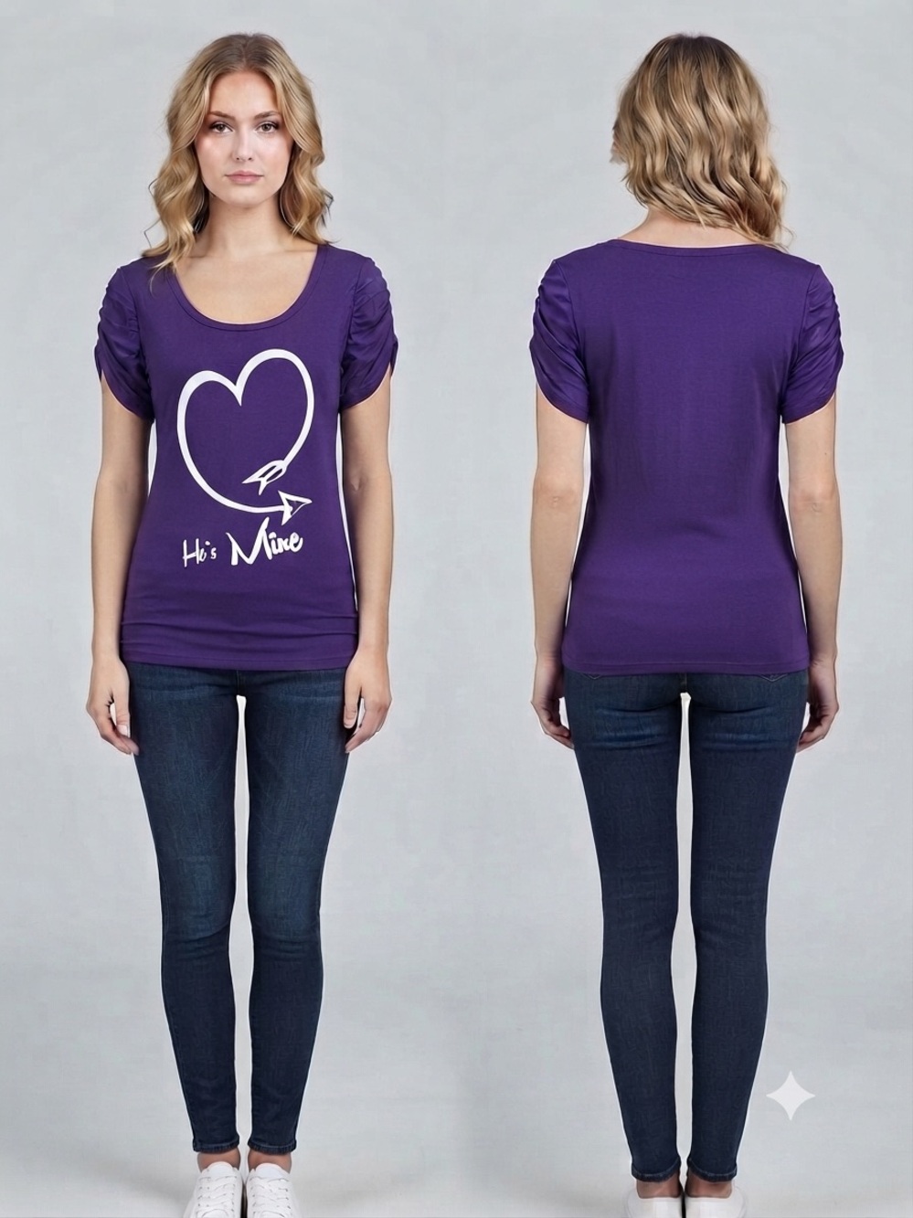 Splash Purple Scoop Neck Graphic Tee with Ruched Sleeves